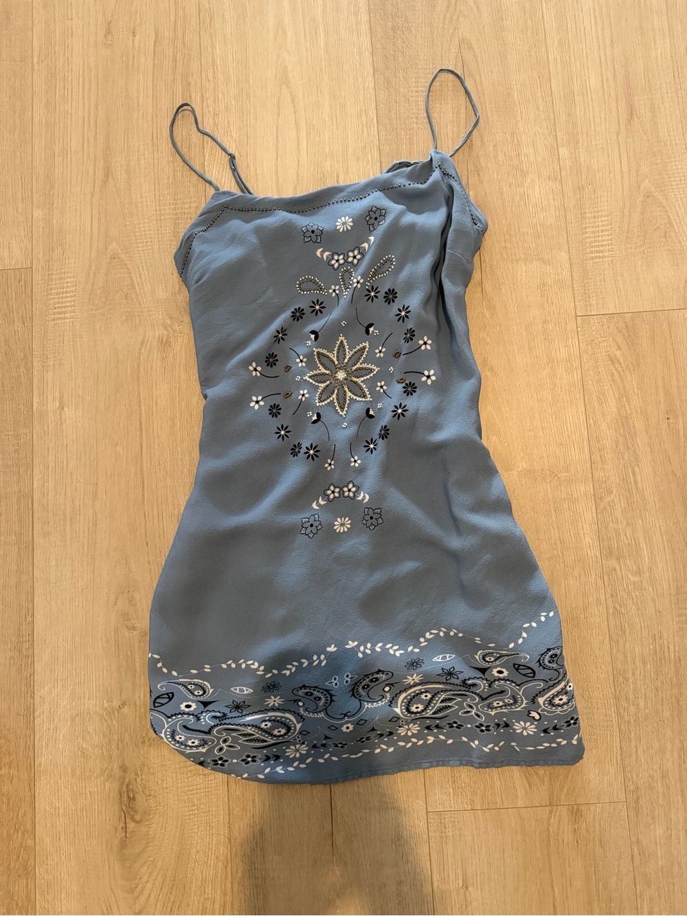 Blue Embroidered Mini Dress with Spaghetti Straps